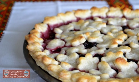 Saskatoon Berry pie in a pan on a table cloth