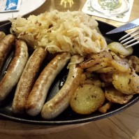 Mini Bratwurst, Sauerkraut, scallopped poatatoes